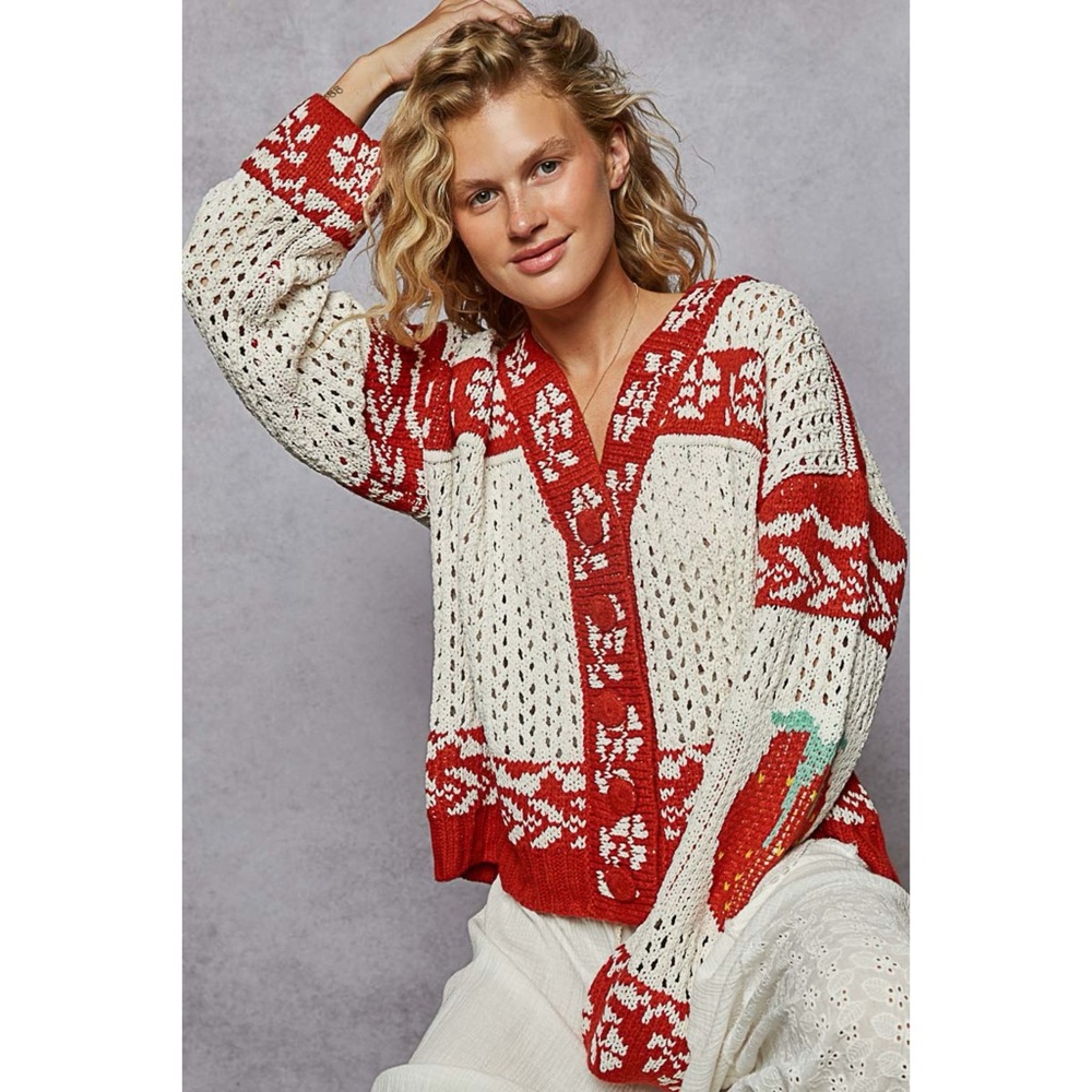POL Cream Red Fair Isle Button Front Sweater Cardigan Strawberry Elbow Knit - Picture 6 of 9